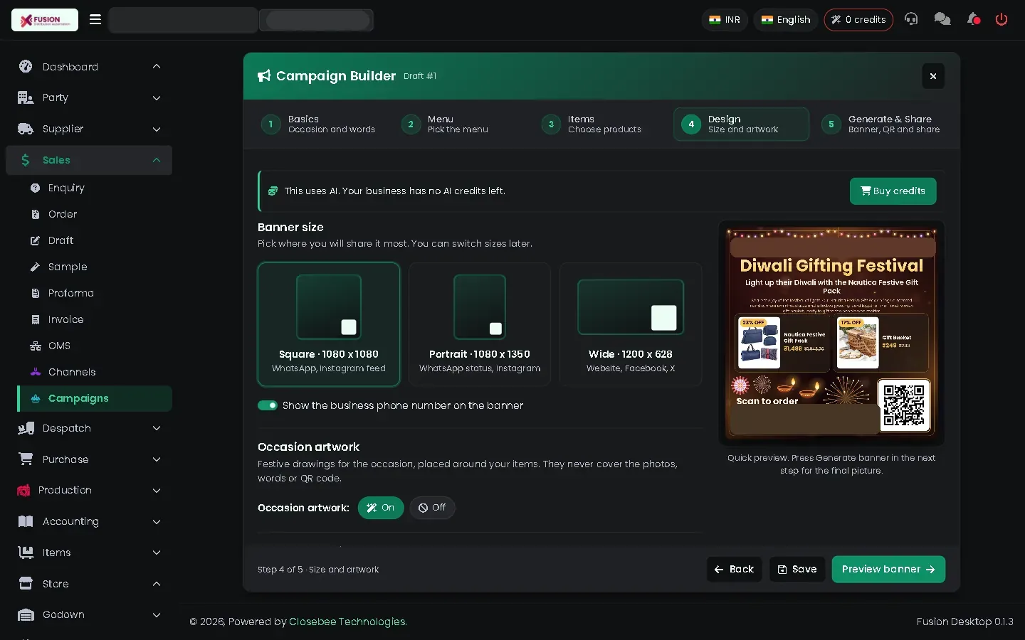 Design step with size choices and a preview