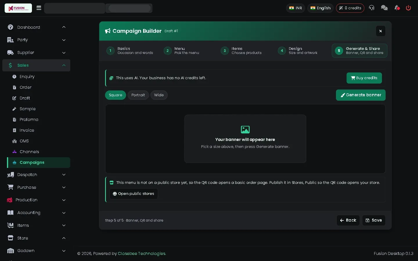 Generate & Share step with banner preview and QR code