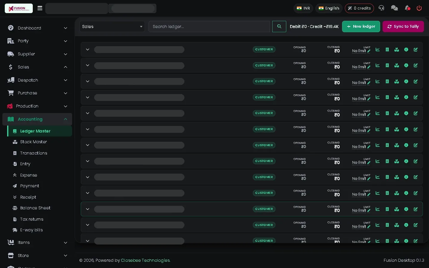 Ledger Master list with groups and balances