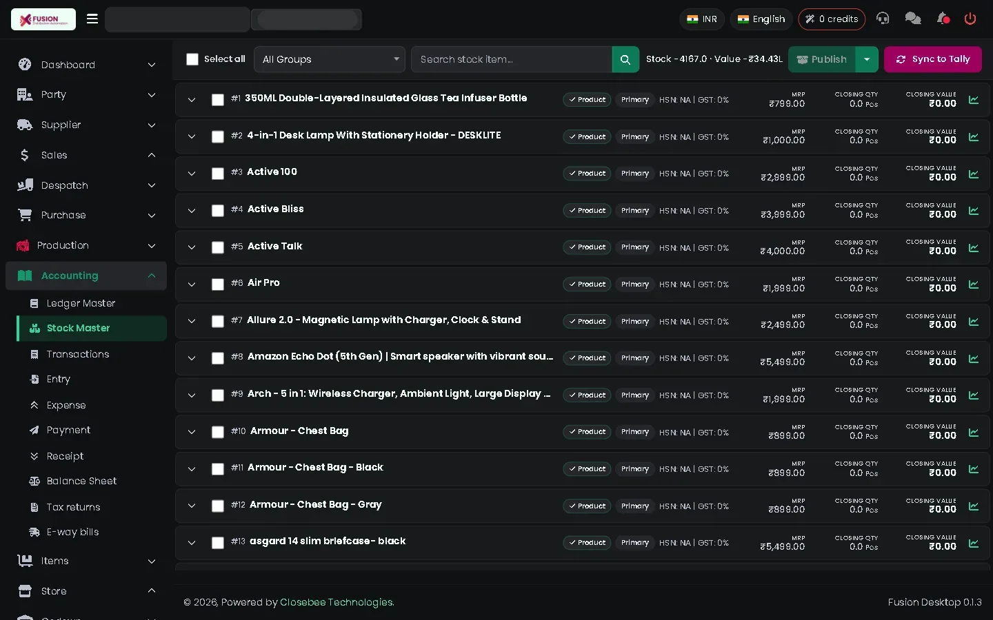 Stock Master list with quantity and value