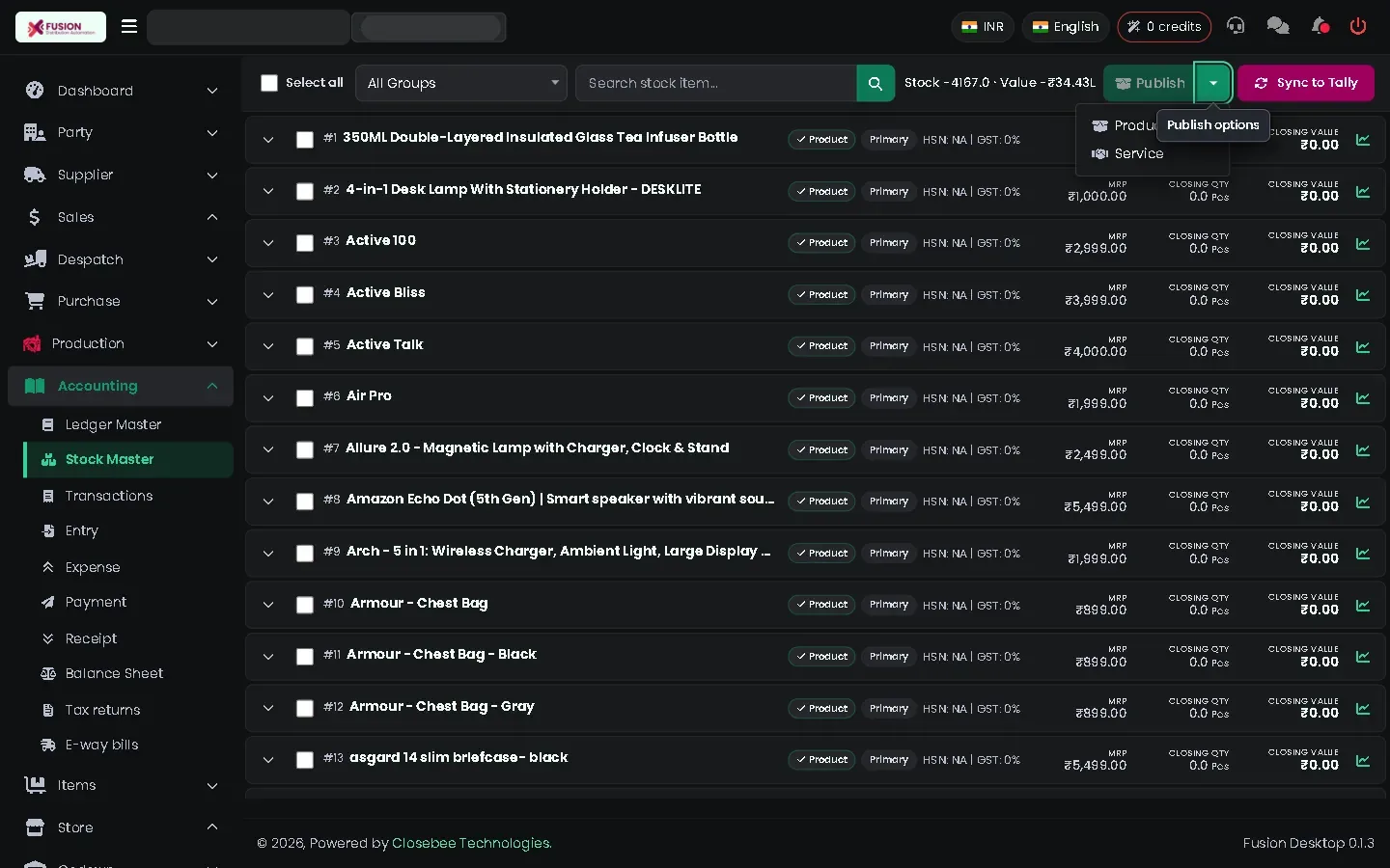 Stock Master with the Publish menu open