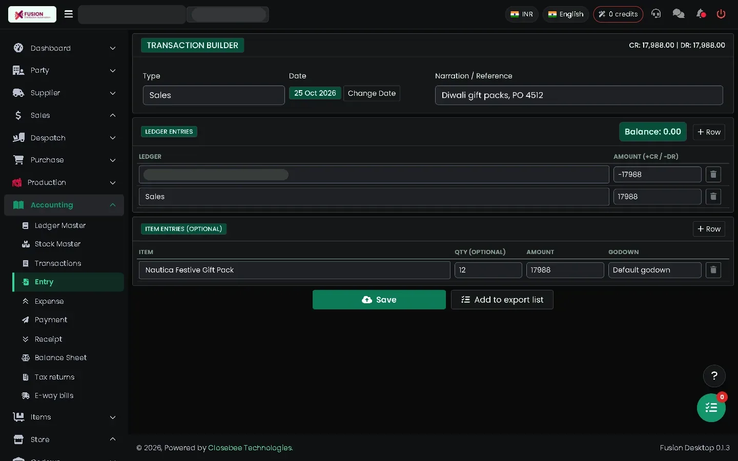 Sales entry with party and sales ledgers and a zero balance