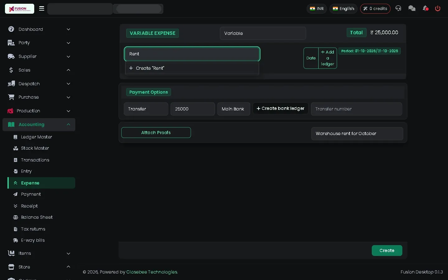 New expense form with a new Rent ledger offered