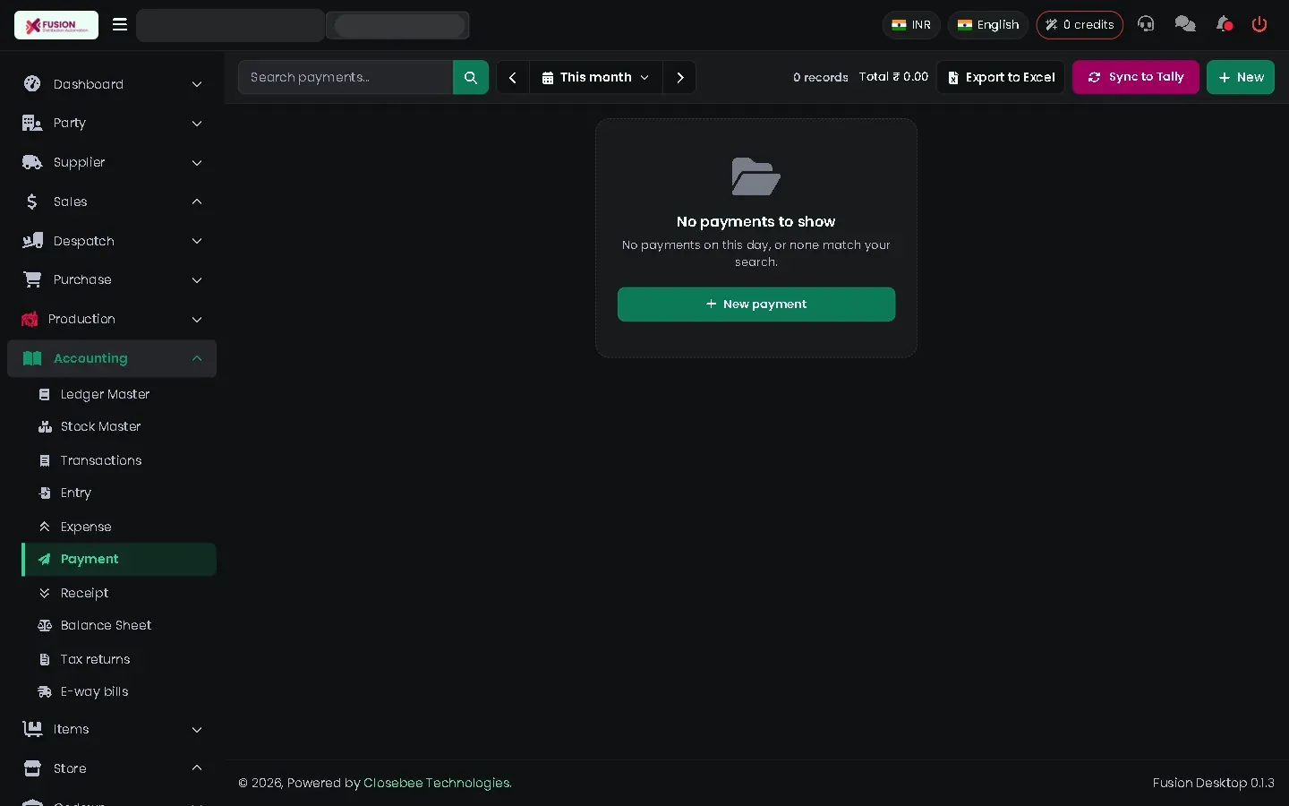 Payment list with a New button
