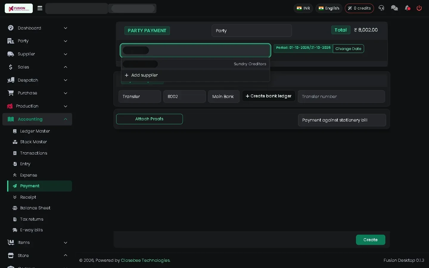 New payment form filled in