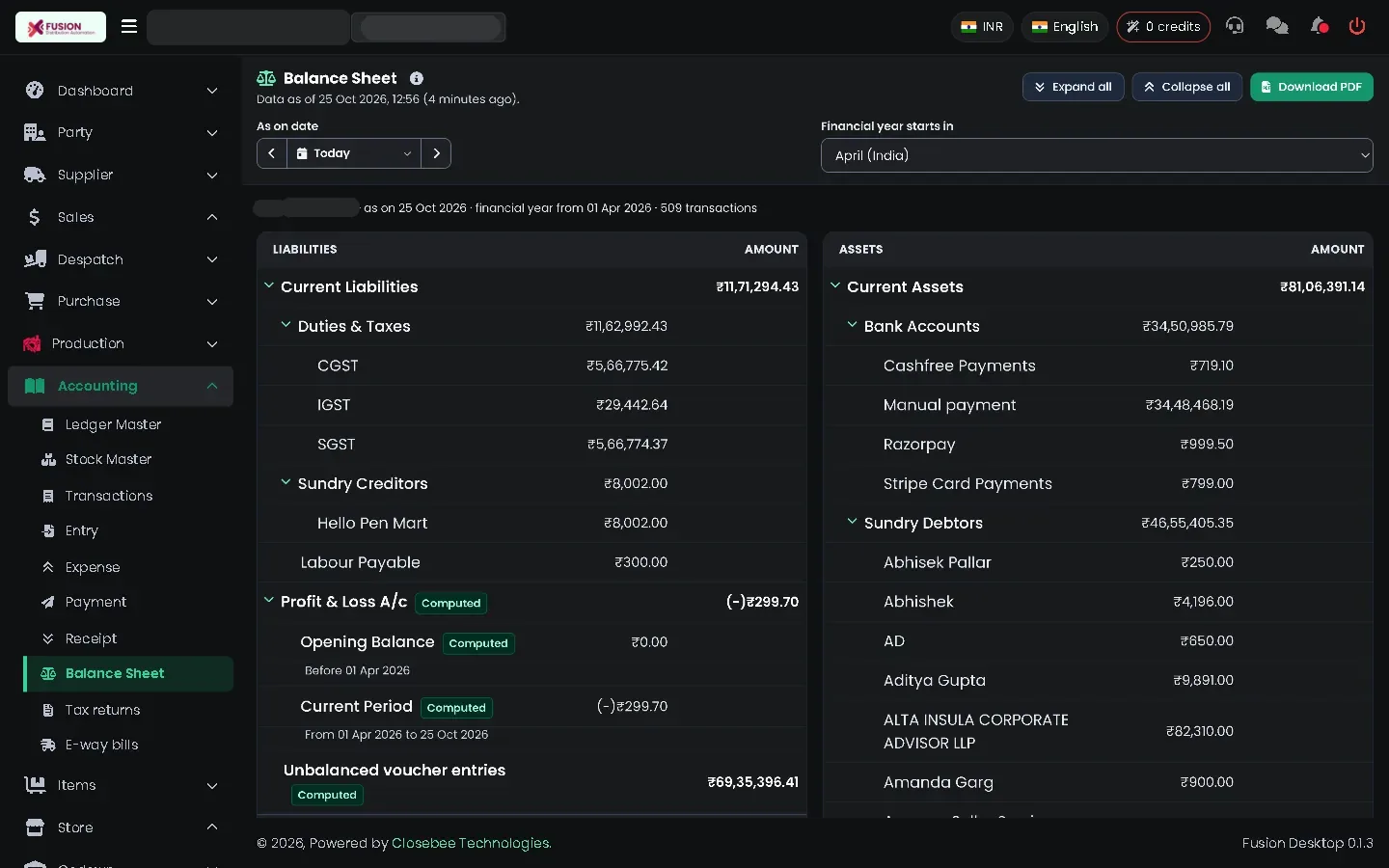 Balance sheet with assets and liabilities