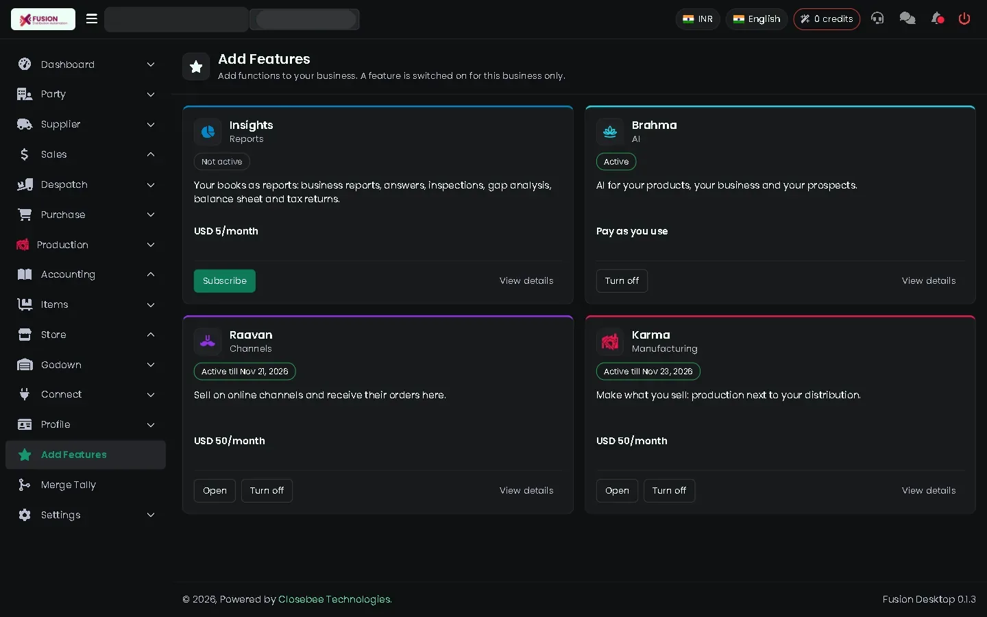 Add Features with Insights, Brahma, Raavan and Karma cards