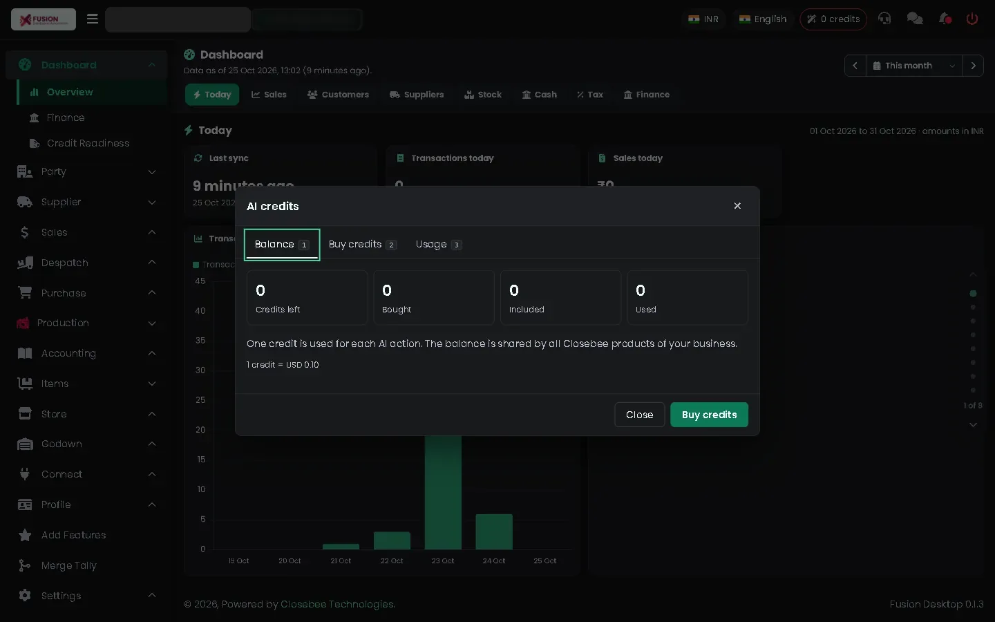 Credits panel with balance and usage