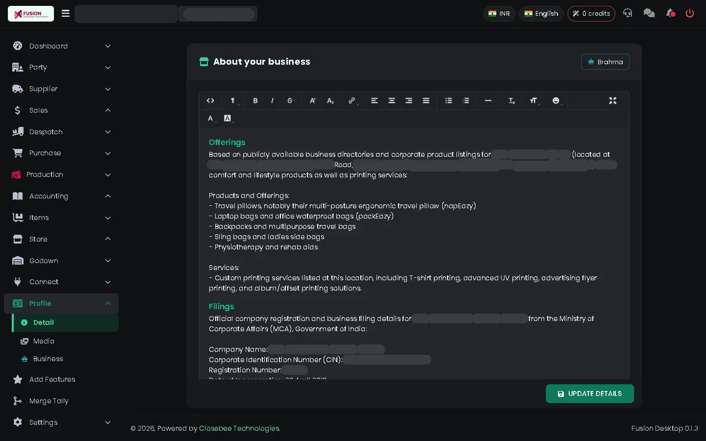 Business detail form