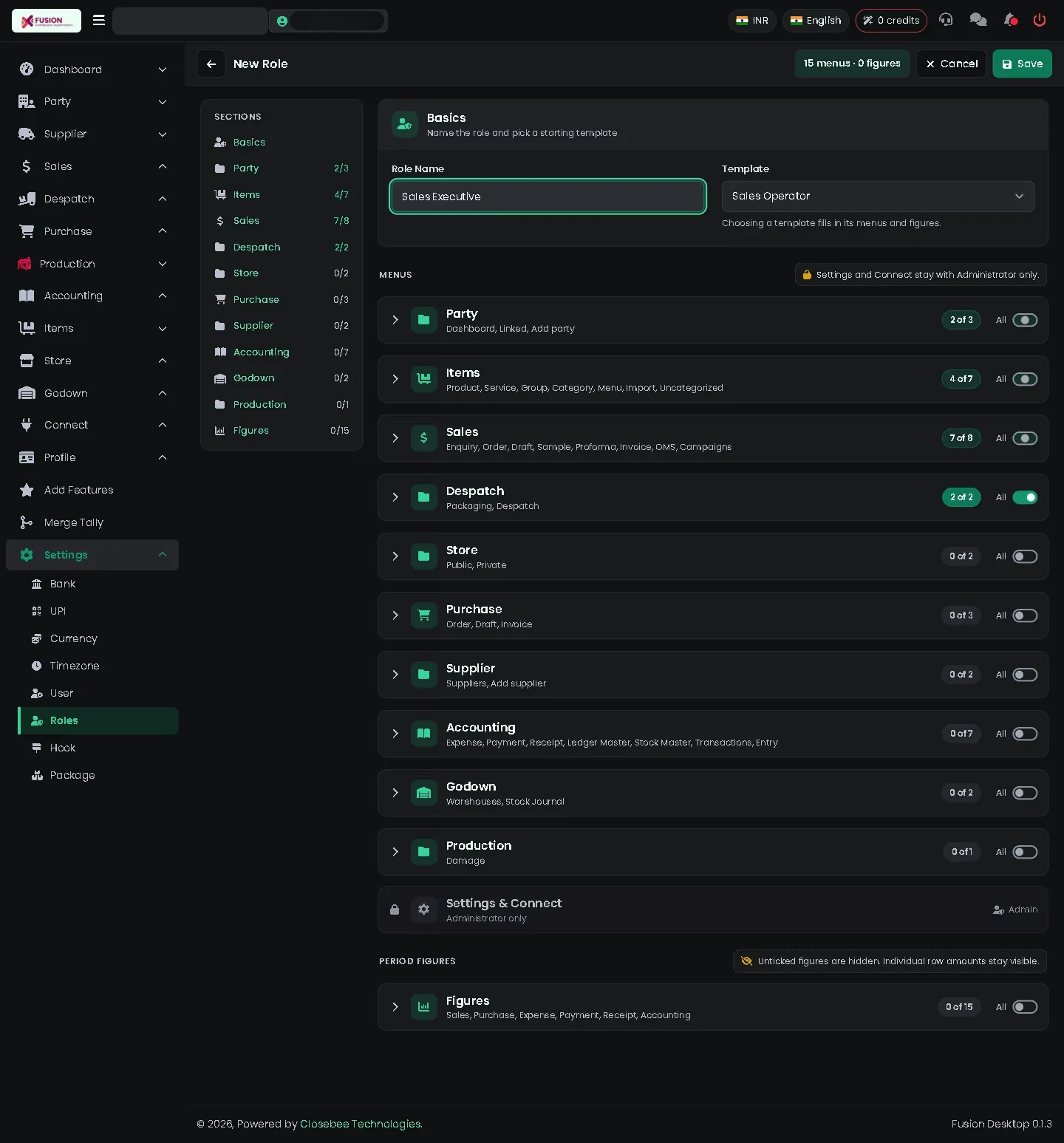 Role editor with template choices and menu checkboxes