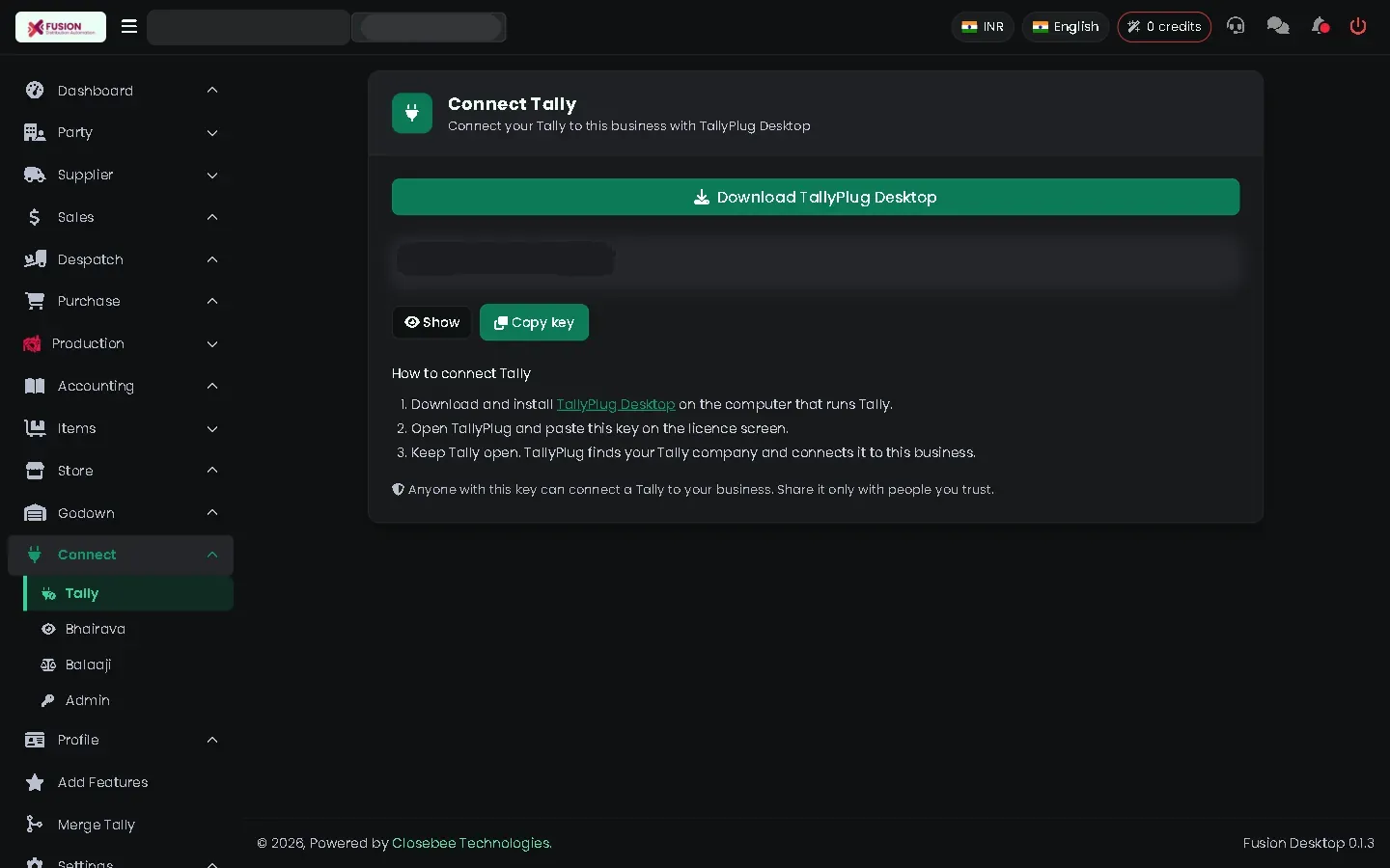 Connect Tally page with the download link and connect key
